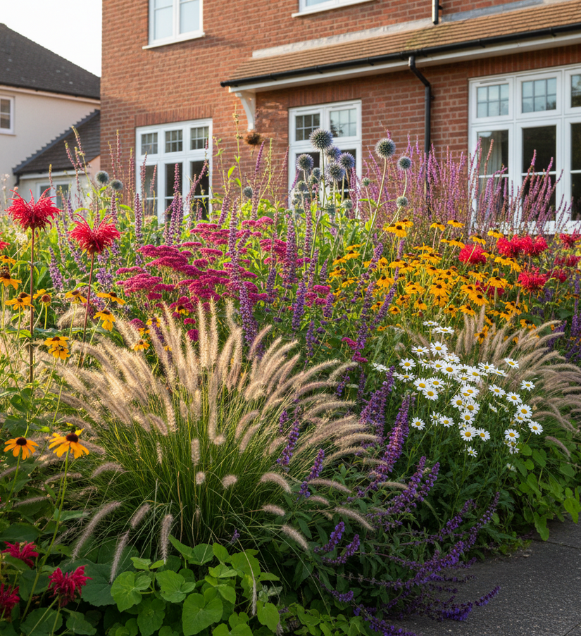 achillea cerise queen met Zonnekruid 'Helenium' 

Vedergras 'Stipa' 

Salie 'Salvia nemorosa' Mainacht

Bergamot 'Monarda'

Kogeldistel 'Echinops'

IJzerhard 'Verbena'

Margriet 'Leucanthemum'

Wolfsmelk 'Euphorbia'