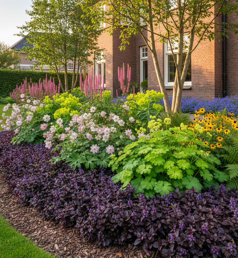 ajuga atropurpurea op de voorgrond met daarachter Zeeuws knoopje 'Astrantia' roze

Vrouwenmantel 'Alchemilla' (tip)

Gele Zonnehoed 'Rudbeckia'

Duizendknoop 'Persicaria' Bistorta

Varens (voor schaduwplekken) zoals mannetjesvaren (helemaal rechts)

Wintergroene Wolfsmelk 'Euphorbia'

Klokjesbloem 'Campanula' (blauw) helemaal achteraan 

2x meerstammige krentenboompje