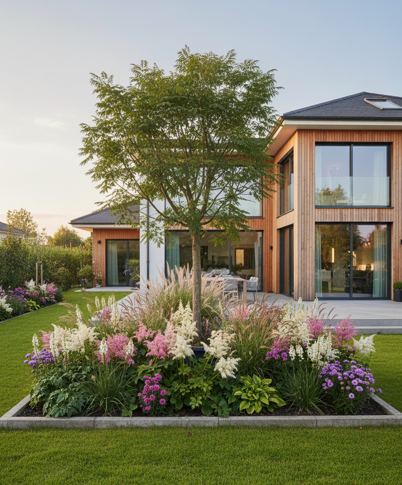 hoogstammige albizia ombrella in beschutte border met vaste planten.