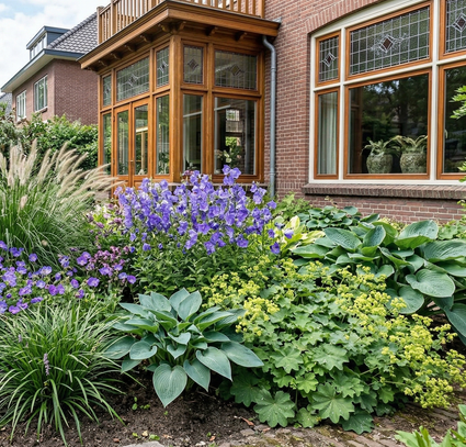 alchemilla vulgaris combinatie met hosta, geranium, lampenpoetsersgras en leliegras. 