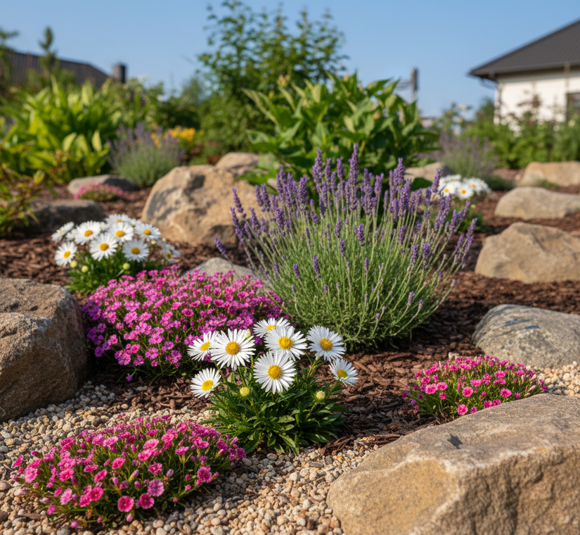 alpenaster alpinus albus aster met lavendel, steenbreek peter pan en steenanjer dianthus