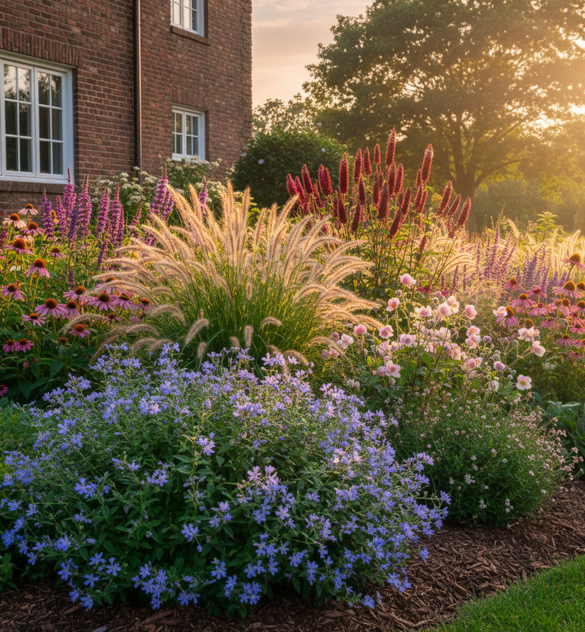 Amsonia blue ice met Lampenpoetsersgras 'Pennisetum', Dropplant 'Agastache', Herfstanemoon praecox, Pimpernel 'Sanguisorba' in het midden en Zonnehoed 'Echinacea' in zonnige border