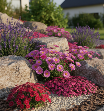 Aster alpinus 'Happy End' in border met lavendel, steenbreek peter pan en steenanjer dianthus