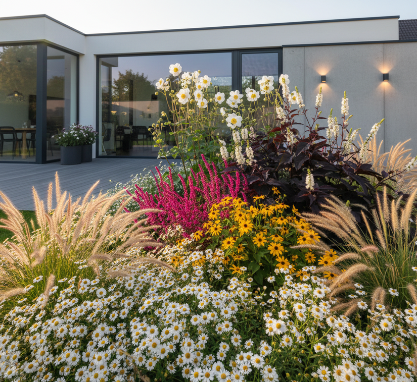 Aster asmo vooraan met Duizendknoop 'Persicaria' bistorta

Gele Zonnehoed 'Rudbeckia'

Lampenpoetsersgras 'Pennisetum' hameln

Zilverkaars 'Actaea' brunette

Herfstanemonen honorine jobert in speelse groepjes aangeplant