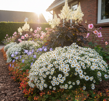 Aster starshine in border met Zilverkaars 'Actaea' brunette, Elfenbloem 'Epimedium' rubrum aan de rand, Herfstanemoon 'Anemone' hupehensis en Ooievaarsbek 'Geranium' rozanne
