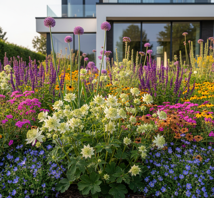 astrantia major shaggy combineren met Sierui 'Allium'

Ooievaarsbek 'Geraniums'

Salvia 'Salvia'

Duizendblad 'Achillea milifolium'

IJzerhard 'Verbena'

Prikneus / Koekoeksbloem 'Lychnis'

Helenium 'Zonnekruid' 

ai sfeerimpressie van border
