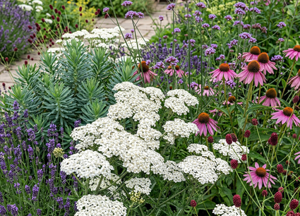Achillea millefolium Schneetaler  in border same met Zonnehoed 'Echinacea',
IJzerhard 'Verbena' en
Wolfsmelk 'Euphorbia' 