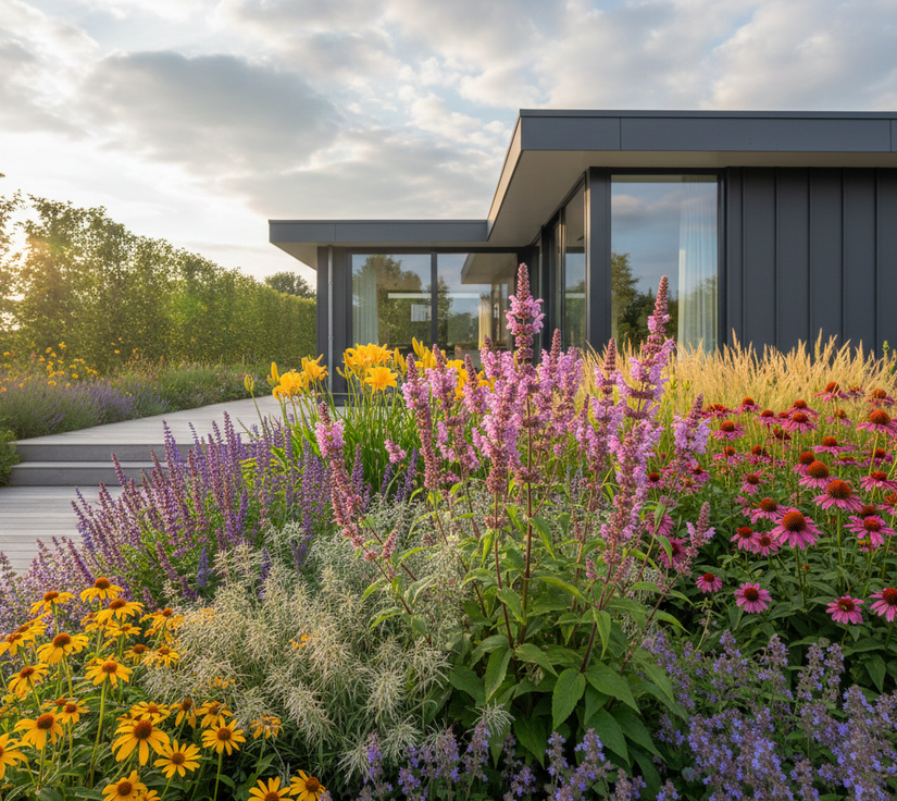 brandkruid paars (midden) gecombineerd met gele en rode zonnehoed, kattenkruid (voorgrond) en daglelies geel (achtergrond) en siergrassen.

