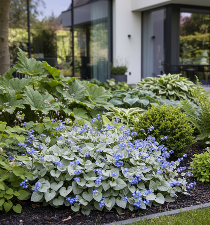 bonte Brunnera Sea Heart combinatie met rodgersia (achter), varens (rechts), elfenbloem (links) en hosta's (achter)