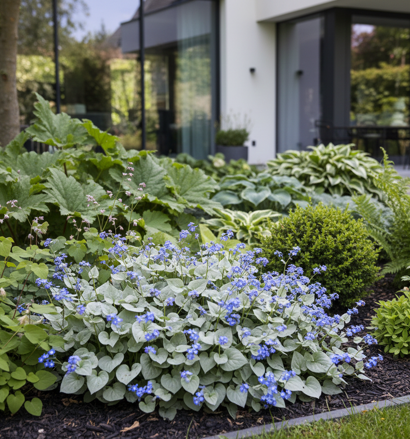 bonte Brunnera Sea Heart combinatie met rodgersia (achter), varens (rechts), elfenbloem (links) en hosta's (achter)