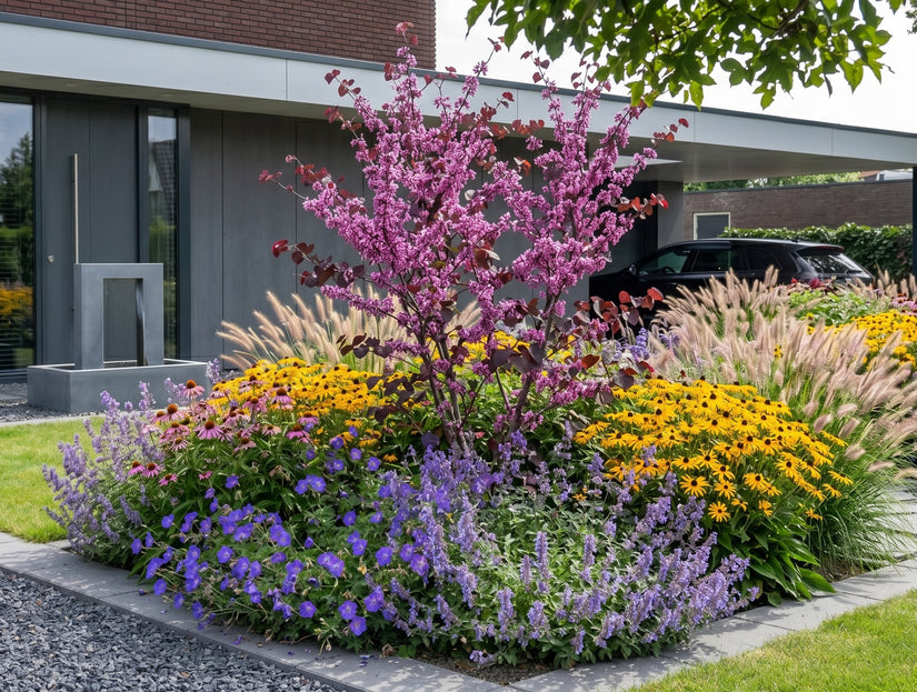 Cercis canadensis 'Merlot' met Gele Zonnehoed 'Rudbeckia', Kattenkruid 'Nepeta', Geranium johnson en Lampenpoetsersgras hameln