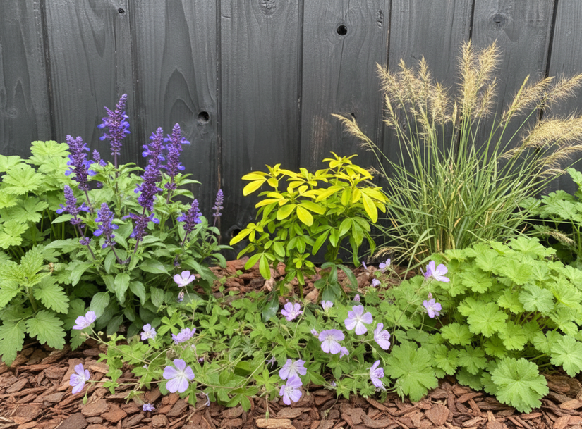 choisya ternata sundance met salie mainacht, geranium rozanne en lampenpoetsersgras 'pennisetum'