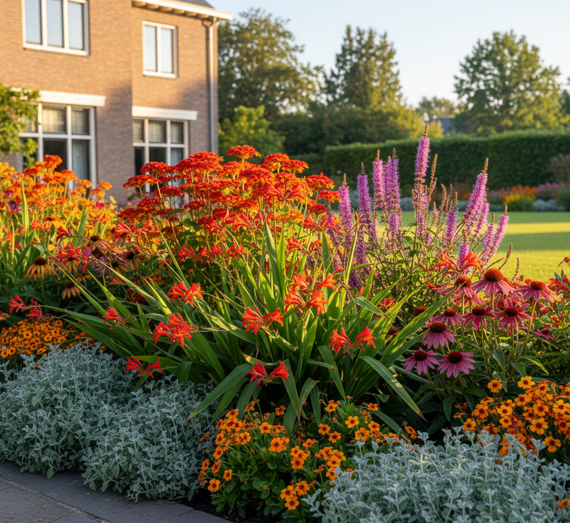 crocosmia emliy mckenzie met Nagelkruid 'Geum', rode zonnehoed,

Duizenblad 'Achillea' feuerland

Dropplant 'Agastache'

Kattenkruid 'Nepeta' aan de rand