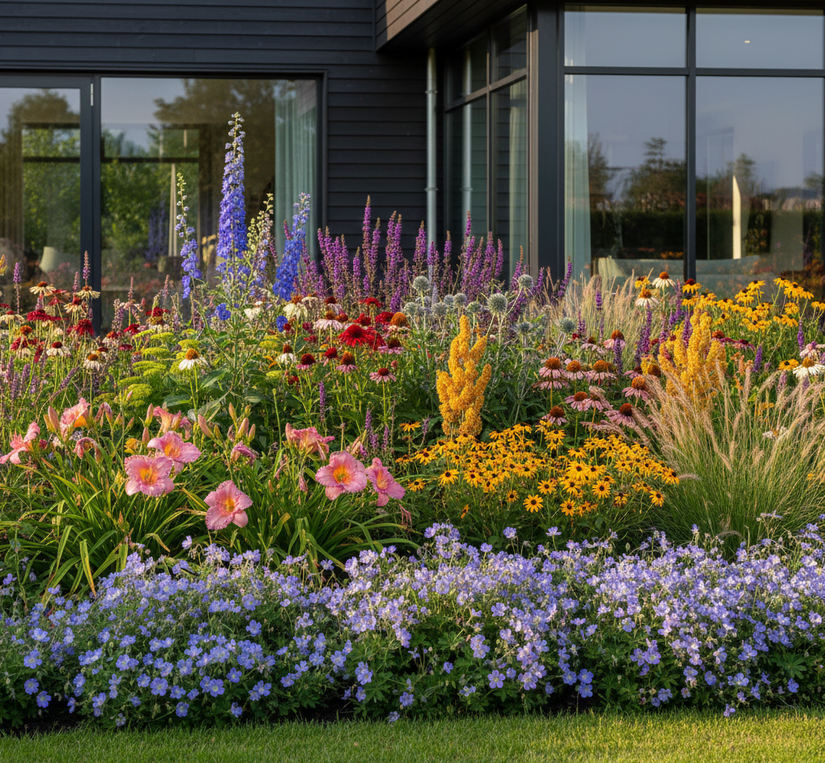 Roze Daglelie pink damask combineren met Rode, witte of groene Zonnehoed 'Echinacea' 

Gele Zonnehoed 'Rudbeckia 'Rudbeckia'

Ridderspoor 'Delphinium' (blauw)

Zwarte of Lange Ereprijs 'Veronica'

Duizendblad 'Achillea'

Kogeldistel 'Echinops'

Vedergras 'Stipa'

Brandkruid 'Phlomis'

Ooievaarsbek 'Geranium' als randbeplanting voorlangs 