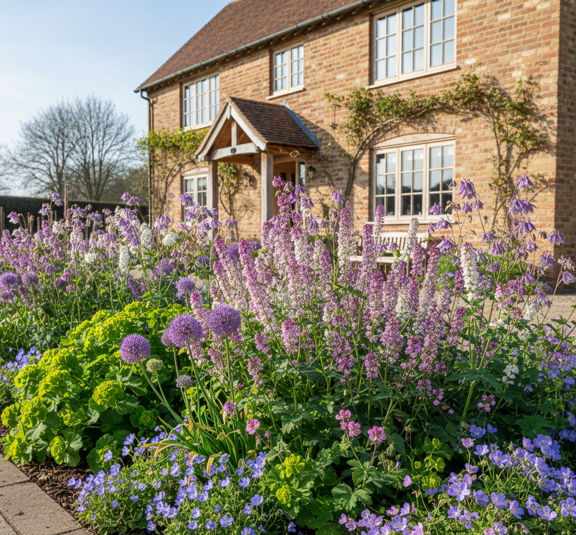 Damastbloem Hesperis matronalis met sierui (Allium), Ooievaarsbek (tuingeraniums), wolfsmelk (Euphorbia) en akelei (Aquilegia)