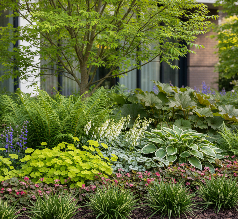 Dryopteris affinis varen met Hartlelie 'Hosta''witbont, Elfenbloem 'Epimedium' rubrum aan de rand, Perzische Muts 'Tiarella' en Kaukasisch vergeet mij nietje 'Brunnera', Vrouwenmantel 'Alchemilla' en siergrassen zoals Leliegras 'Liriope' en Zegge 'Carex' vooraan. zet rodgersia's op achtergrond met Krentenboompje amelanchier in schaduwborder