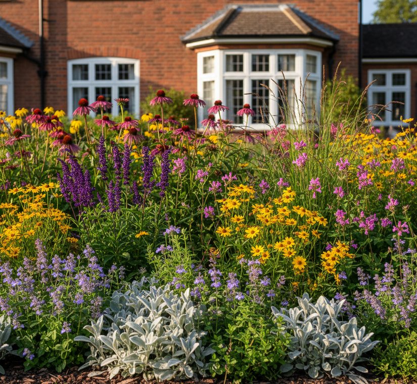 duifkruid butterfly blue met Zonnekruid 'Helenium' 

Salie 'Salvia' zoals Caradonna of Mainacht

Rode Zonnehoed 'Echinacea' (achteraan)

Meisjesogen 'Coreopsis' 

Pijpestrootje 'Molinia' (vooraan)

Ezelsoor Stachys 'Big Ears'

Kattenkruid 'Nepeta' Walker's Low

Slangenkop 'Penstemon'