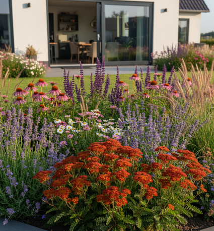 Achillea millefolium 'Walther Funcke' prominent in border tonen met bijpassende soorten Zonnehoed (Echinacea), Salie (Salvia), Lavendel, Ereprijs (Veronica), Fijnstraal (Erigeron), Kattenkruid en siergrassen zoals Lampenpoetsersgras (Pennisetum) en Vedergras (Stipa) bij nieuwbouwwoning achtertuin border