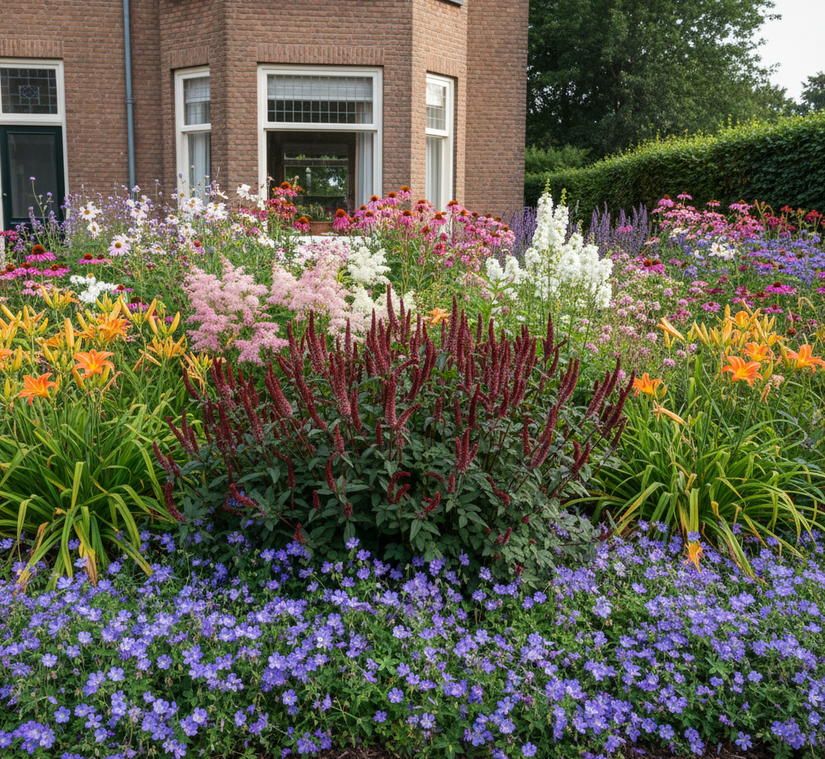  persicaria blackfield met Klokjesbloem 'Campanula' als randbeplanting

Spierstruik 'astilbe' of Pluimspirea's

Brandkruid 'Phlomis'

Daglelie 'Hemerocallis' er naast

Dropplant 'Agastache' 

Herfstasters 'Asters'

Ooievaarsbek 'Geranium'

Zonnehoed 'Echinacea' 

Herstanemoon 'Anemone'