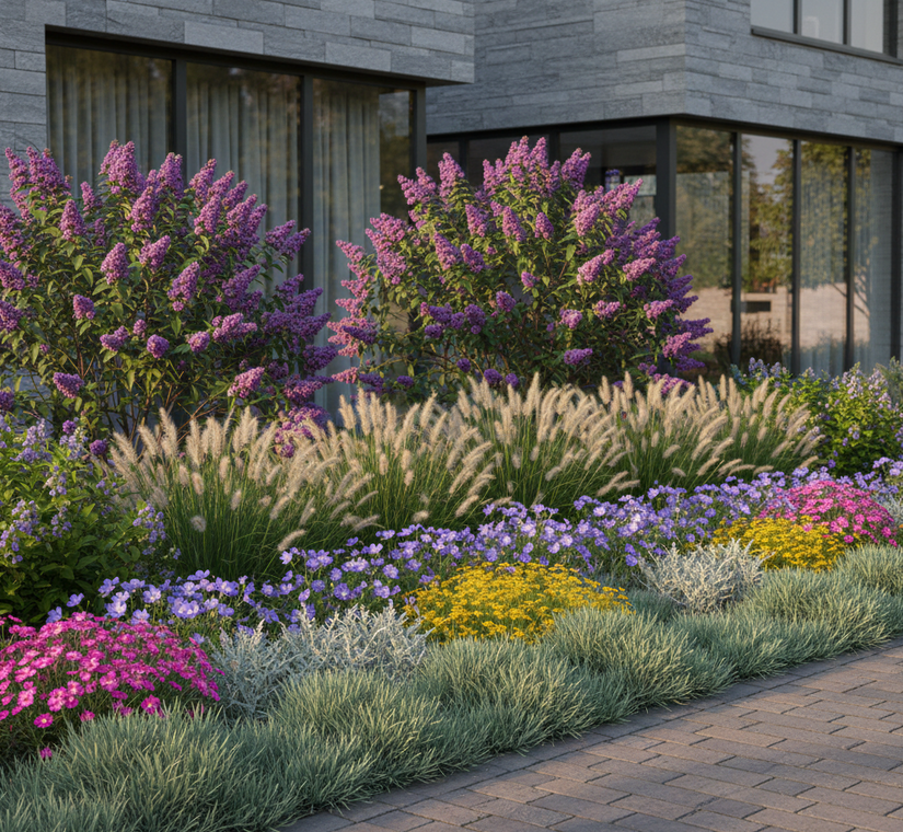 festuca glauca combineren met ooievaarsbek rozanne en Anjers 'Dianthus'
Zonneroosje 'Helianthemum', Lampenpoetsersgras 'Pennisetum'

Vlinderstruik 'Buddleja' op achtergrond

Wintergroene Ezelsoor 'Stachys'