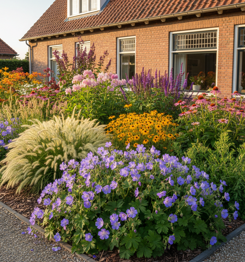 geranium brookside in border Gele Zonnehoed 'Rudbeckia' (steekt mooi af)

Echinecea - Rode Zonnehoed 

Dropplant - Agastache (zet deze er achter)

Ruwe Smele 'Deschampsia'

Lamepoetsersgras 'Pennisetum'

Brandkruid 'Phlomis'

Daglelie 'Hemerocallis'