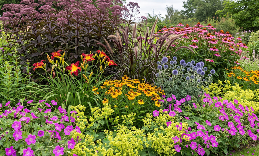 geranium russell prichard in border met Zonnekruid 'Helenium' 

Kogeldistel 'Echinops' , Lampenpoetsersgras pennisetum black beauty

Daglelie 'Hemerocallis' rood/geel

Vrouwenmantel 'Alchemilla'  er naast 

Rode Zonnehoed 'Echinacea' 

Koninginnekruid 'Eupatorium' er achter, de Chocolate cultivar

