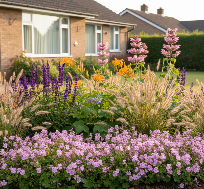 geranium endressi randbeplanting met Siergrassen zoals Lampepoetsersgras 'Pennisetum' en Vedergras 'Stipa' of Pijpestrootje 'Molinia'

Salie 'Salvia' zoals Caradonna

Daglelie 'Hemerocallis' oranje

Brandkruid 'Phlomis' roze

Smeerwortel 'Symphytum'