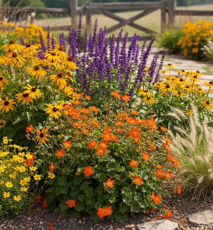Nagelkruid Geum Borisii combinatie met vedergras stipa, gele zonnehoed rudbeckia en salie mainacht.