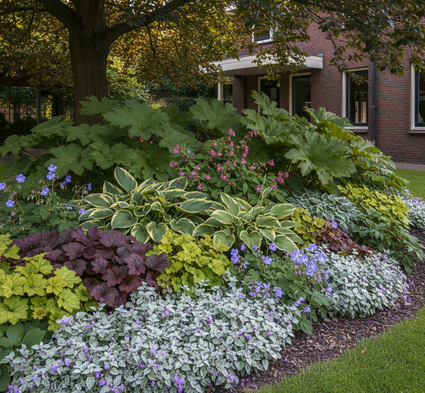 Gevlekte Dovenetel Lamium beacon silver met Hartlelie 'Hosta'

Ooievaarsbek 'Geranium'

Purperklokje 'Heuchera' met donkerpaars blad

Elfenbloem 'Epimedium' randbeplanting

Schout-bij-Nacht 'Rodgersia' op achtergrond in schaduw border