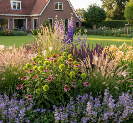Echinacea purpurea 'Green Jewel' in border met Pijpestrootje 'Molinia' siergras

Dropplant 'Agastache

Lampenpoetsersgras 'Pennisetum' siergrassen ervoor

Ridderspoor 'Delphinium' erachter

Prachtkaars 'Gaura' enkele tussendoor

Struisriet 'Calamagrostis' siergrassen

Salie 'Salvia' Caradonna  

Kattenkruid 'Nepeta' als randbeplanting

Daglelie 'Hemerocallis' ernaast