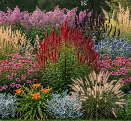 Grote pimpernel - Sanguisorba officinalis midden in grote border met koninginnekruid en zwarte ereprijs erachter, rode zonnehoed, struisriet en kogeldistel echinops ernaast en lampenpoetsersgras, daglelie's en stachys ervoor.