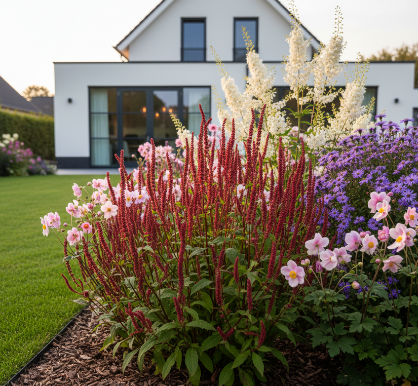 herfstborder - Duizendknoop persicaria blackfield met zilverkaars, herfstanemoon en herfstaster.