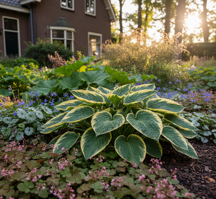 Hosta 'Fortunei Aureomarginata' met elfenbloem rubrum ervoor en rodgersia en brunnera er achter/naast.