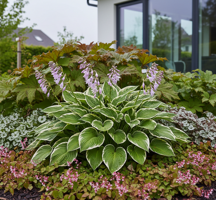 Hosta francee in border met epimedium rubrum ervoor, brunnera sea heart en rodgersia henrici