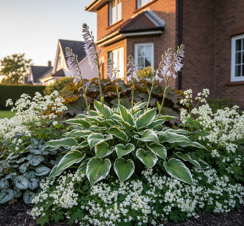 Hosta 'Patriot' met elfenbloem 'Epimedium' wit ervoor en Rodgersia er achter en brunnera + tiarella wherryi 