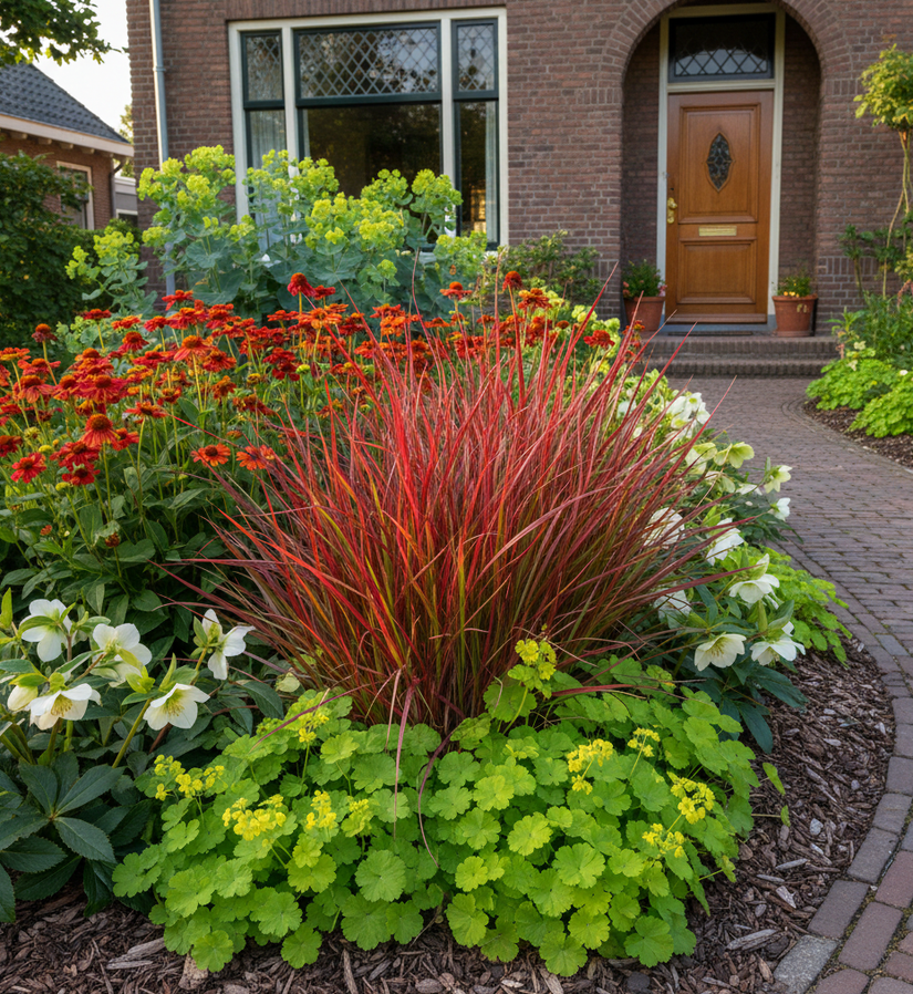 japans bloedgras red baron met vrouwenmantel, nieskruid, zonnekruid en wolfsmelk planten in halfschaduw border voortuin. 