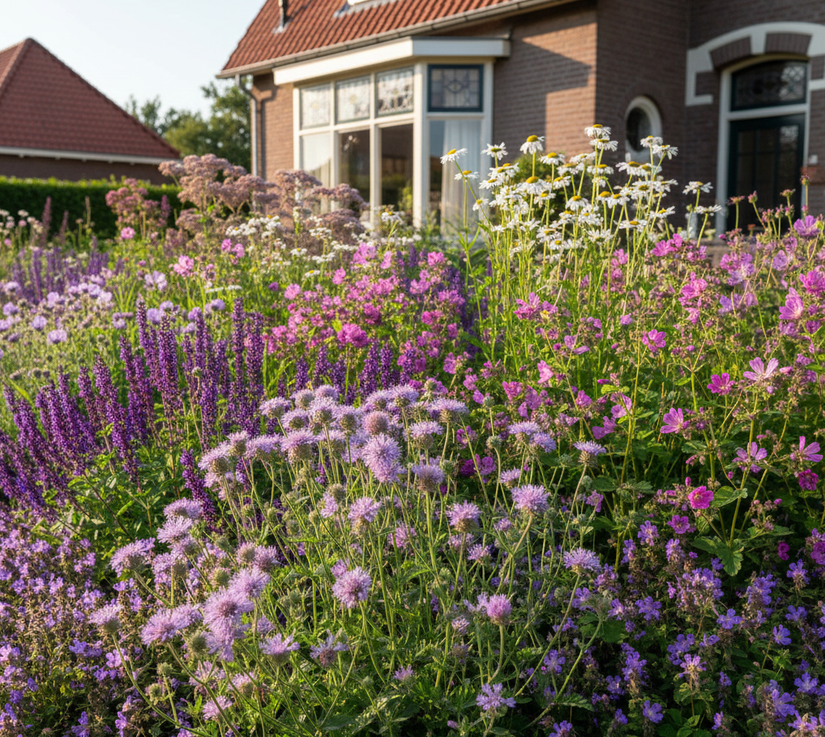 Knautia Arvensis gecombineerd met Malva, Campanula, Echinacea en Leucanthemum