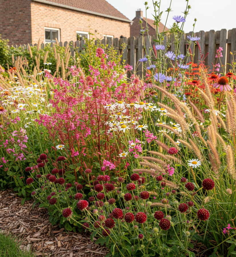 Beemdkroon - Knautia Macedonia 'Mars Midget' aan de rand in wilde border met prachtkaars 'Gaura', Pimpernel  'Sanguisorba' in het midden, lampenpoetsersgras 'Pennisetum', Witte Margriet 'Leucanthemum', Rode zonnehoed en wilde cichorei (blauw). Pluktuin voorbeeld