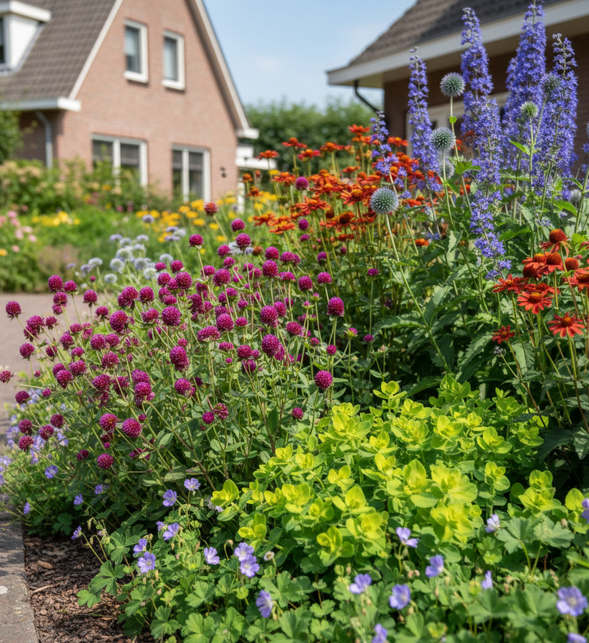 Beemdkroon - Knautia Macedonia 'Mars Midget' in border met andere groepjes planten zoals Ereprijs 'veronica blaurisin', kogeldistel 'echinops veitch blue', 'moerheim beauty' zonnekruid, wolfsmelk'euphorbia' en ooievaarsbek 'geranium' als randbeplanting