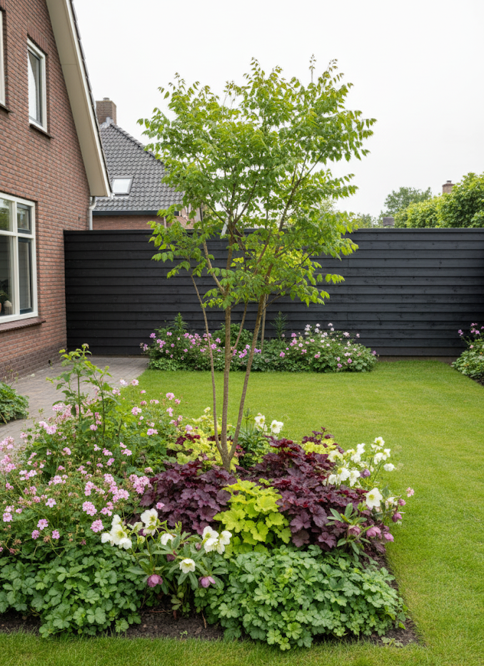 Meerstammige koelreuteria in border