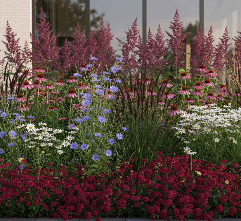 Eupatorium maculatum 'Atropurpureum'  in wilde border met Margriet, Beemdkroon, Pijpestrootje en Wilde Cichorei. 