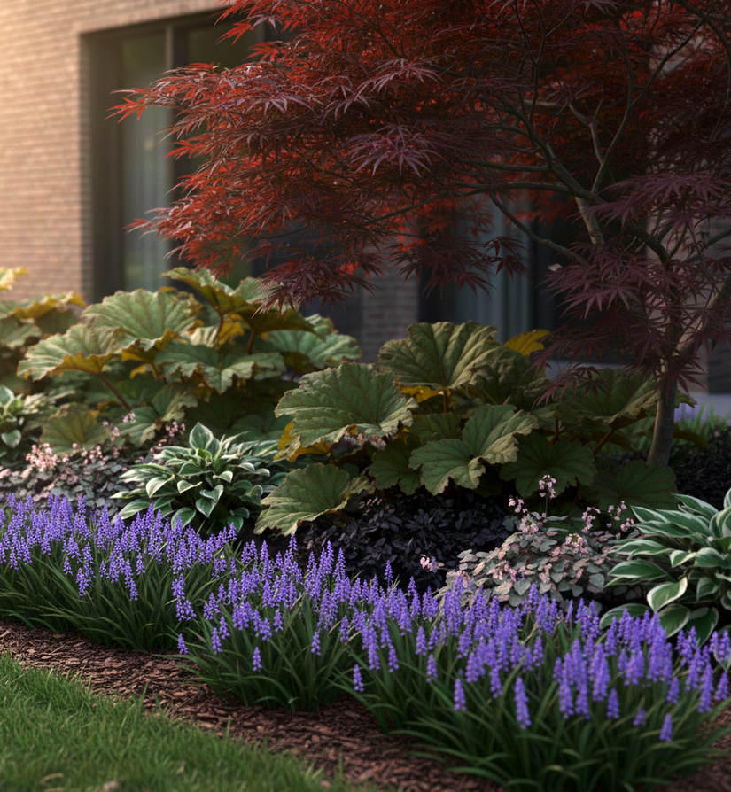 Leliegras liriope big blue in schaduwborder met elfenbloem, rodgersia, zwart gras, hosta en op achtergrond een japanse esdoorn bloodgood - ook mogelijk op leliegras in groepjes ipv haagje vooraan te planten met tussendoor zwart gras en elfenbloem vooraan.