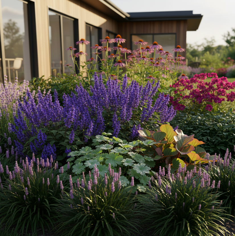 Leliegras Liriope Moneymaker combineren met geranium, lavendel, bergenia en rode zonnehoed 'echinacea'