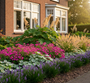 Liriope muscari met brunnera, rotsooievaarsbek, rodgersia en lampenpoetsersgras 'Hameln'