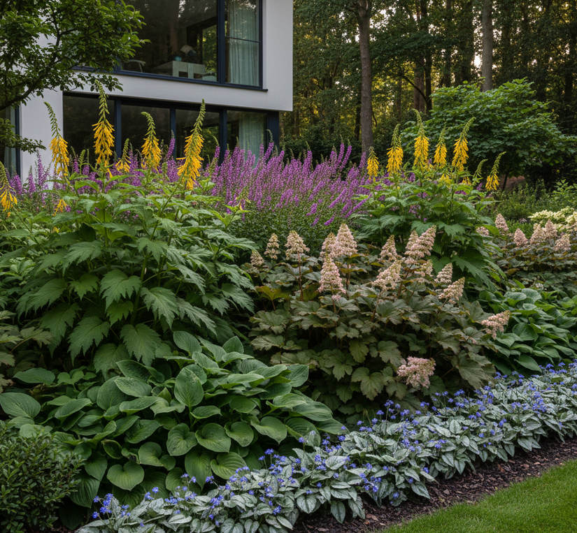 Ligularia przewalskii met kattenstaart, Kaukasisch vergeet mij nietje 'Brunnera', Hartlelie 'Hosta's en Schout bij Nacht 'Rodgersia' in schaduwborder 