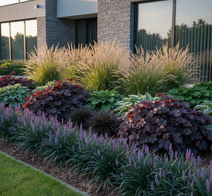 Liriope big blue siergrassen langs de rand in strakke border met zwart gras, hosta's, heuchera's en ruwe smele deschampsia grassen.