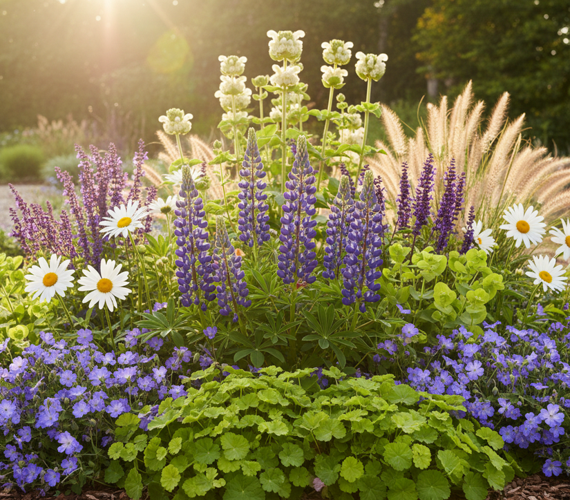 Sfeerimpressie - Lupine gallery blue met Brandkruid 'Phlomis', Salie 'Salvia' zoals Caradonna, Vrouwenmantel 'Alchemilla mollis' aan de rand, Margriet 'Leucathemum', Tuingeraniums rozanne en Wolfsmelk 'Euphorbia' myrintis en Lampenpoetsersgras 'Pennisetum