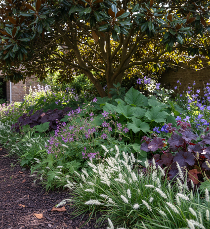 luzula nivea met Tuingeraniums zoals Donkere ooievaarsbek 'Geranium phaeum',

Smeerwortel 'Symphytum'

Klokjesbloem 'Campanula' halfzon

Purperklokje 'Heuchera' en op achtergrond meerstammige magnolia
