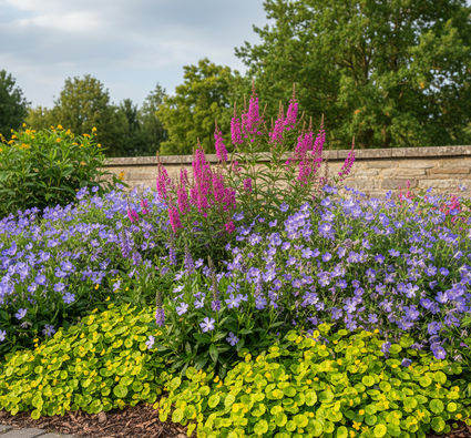 lysimachia nummularia combinaties met Geranium Rozanne en kattenstaart Lytrhum