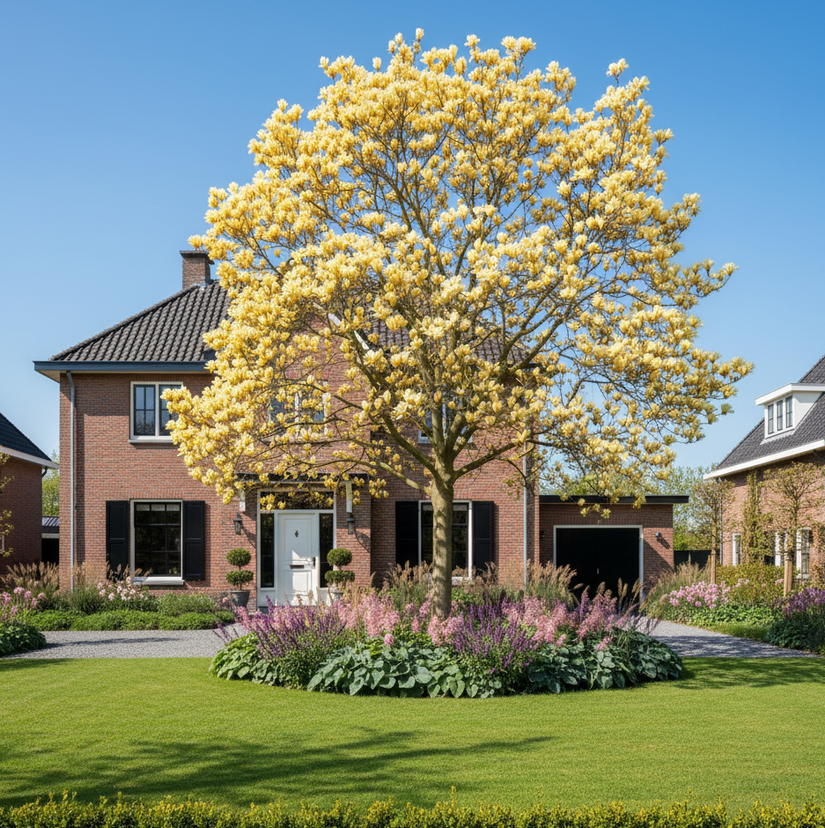 volgroeide gele magnolia op home stam